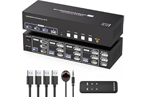 TJCXELE 8K60Hz 2 Displayport+HDMI KVM Switch 4 PC 3 Monitores USB 3.0 Triple Monitor KVM Switches DP1.4+HDMI2.1 para Compartes y 4 Dispositivos con Control Remoto& USB-Cables