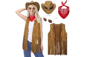 Antsparty Western Cowgirl Costume, Women 70s Fancy Dress Set with Fringe Vest Cowgirl Hat Sunglasses Red Bandana, Retro 70s Hippie Costume for Hippie Disco Party
