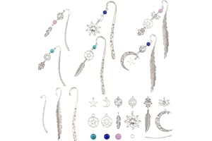 SUNNYCLUE DIY 6 Set Feuille Métal Crochet Marque-Pages Kit de Fabrication 6pcs Feuille Style Tibétain Alliage Marque-Page avec Plume Lune Soleil Lotus Alliage Pendentifs & Perles Turquoise pour DIY