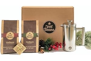 ‎VIETBEANS Kaffee Geschenkset French Press klein - Geschenke für Kaffeeliebhaber - Kaffeebereiter French Press und zwei exklusive Kaffeesorten - Kaffee Geschenk - Geschenkidee Kaffee - Gemahlener Kaffee