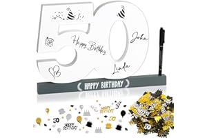 BOFUNX Libro de Visitas para Cumpleaños 50 Años Tarjeta Felicitación de Madera+Confeti de Cumpleaños+Bolígrafo Regalo Decoración Número 50 Happy Birthday