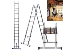 7SEVENJOKERS 5m Telescopic Ladders EN131 Standards with Stabiliser, 2.5m+2.5m A Frame Telescopic Multi Purpose Combination Step Ladder, Extension Ladders Extendable Folding Garden Loft Ladder for Window Cleaning