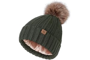 Creekstone Bobble Hat Satin Lined Beanie for Women Girls, Pom Pom Beanie, Warm Winter Hat Knit Hats with Faux Fur Pompom