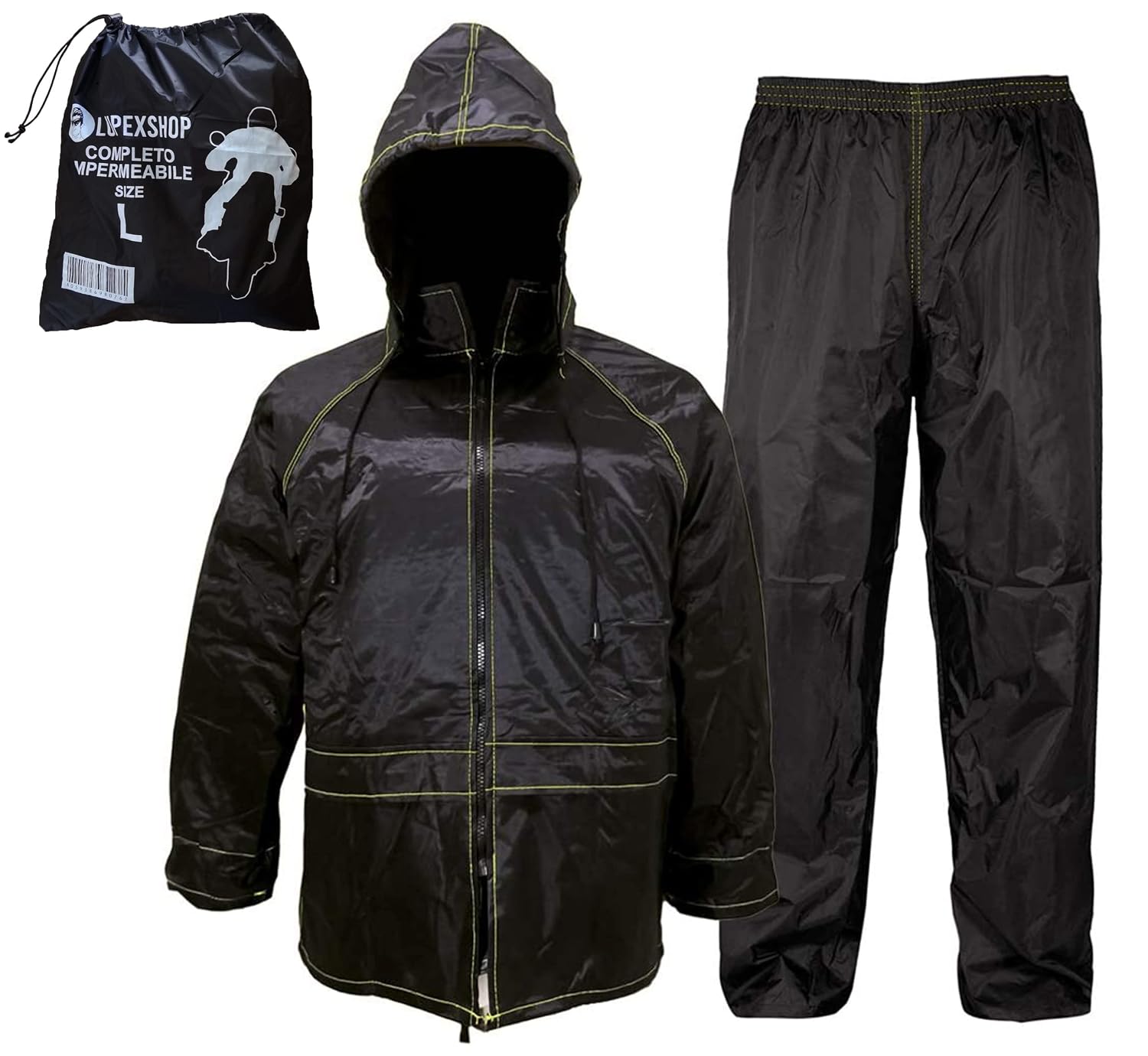 Auto Accessori Lupex - Tuta Moto Impermeabile Antipioggia Antivento, taglia XL, colore nero, set di giacca e pantalone da pioggia con cappuccio a scomparsa, Unisex Uomo Donna
