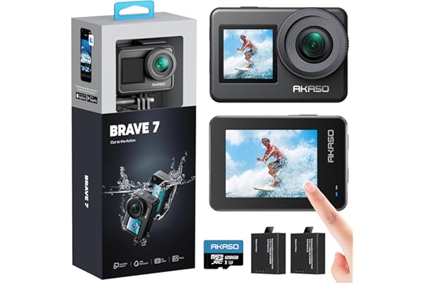AKASO Brave 7 Caméra Sport 4K WiFi avec Carte Mémoire de 128Go, IPX 8 Etanche Deux Écrans Tactile 20MP Caméra d‘Action, EIS 2.0 Grand Angle Zoom avec Télécommande et 2 Batteries 1350mAh
