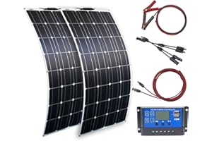 YINGGUANG 200W Panneau Solaire Flexible 2 pcs 100W 12V Kit Solaire Photovoltaïque Monocristallin Contrôleur 20A+3m Câble+1m Câble de clip de batterie pour camping-car, toit, bateau et batteries 12V(200W)