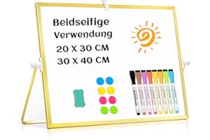 ‎QUEENLINK QUEENLINK Whiteboard Magnetisch, Beidseitige Verwendung Desktop Magnettafel klein, White Board Klein mit Ständer 20x30cm Schreibtafel Abwischbar AL70-S-2030-GLD
