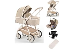 Zkiprm Carrito Bebe 3 en 1, Carrito Bebe Plegable con un Solo Toque, Carro Bebe con Asiento de Coche y Gran Cesta Para Dormir, Carro Bebe 3 Piezas Para Todas Las Estaciones (Bebés de 0 a 36 Meses)