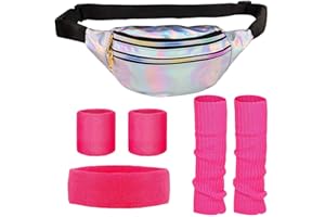 CosCool Set di accessori per costume da donna anni '80, abbigliamento sportivo anni '80, marsupio, scaldamuscoli, bracciali, fascia per costume da 80 anni '80