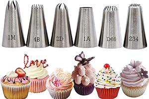 XOPOZON® Lot de 6 Grandes Douilles Professionnelles en Acier Inoxydable, Douilles à Pâtisserie Embouts de Tuyauterie (1M, 2D, 4B, 1A, D66 et 234) Douilles Crème pour la Décoration de Cupcakes