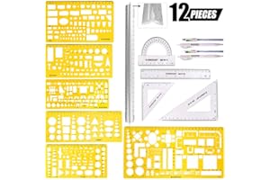 Swpeet 12-teiliges Kunststoff-Vorlagen-Set, gelb, geometrische Zeichnungen, 6 verschiedene geometrische Messzeichnungen, Schablonen mit 2 Bleistiften und