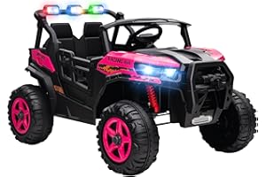 AIYAPLAY 24V Electric Ride on Car, 2-Seater Electric Car for Kids with Remote Control, Light, Bluetooth, Soft Start, Suspension Spring, 2 Motors Children Ride on Toy UTV Truck, Pink