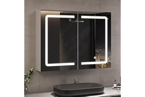 ‎DICTAC DICTAC Badezimmer spiegelschrank mit Beleuchtung 80x16x60cm Spiegelschrank Bad mit LED und Steckdose 80 cm Breit Doppeltür Badschrank mit Spiegel und Ablage,Hängeschrank,Berührung Sensorschalter,Weiß