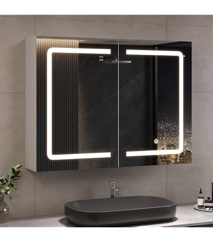 Armoire Salle De Bain Avec Miroir LED – 3 Lumières Réglables, 3 étagères, Prise Intégrée, Gain De Place 60x90x16 Cm