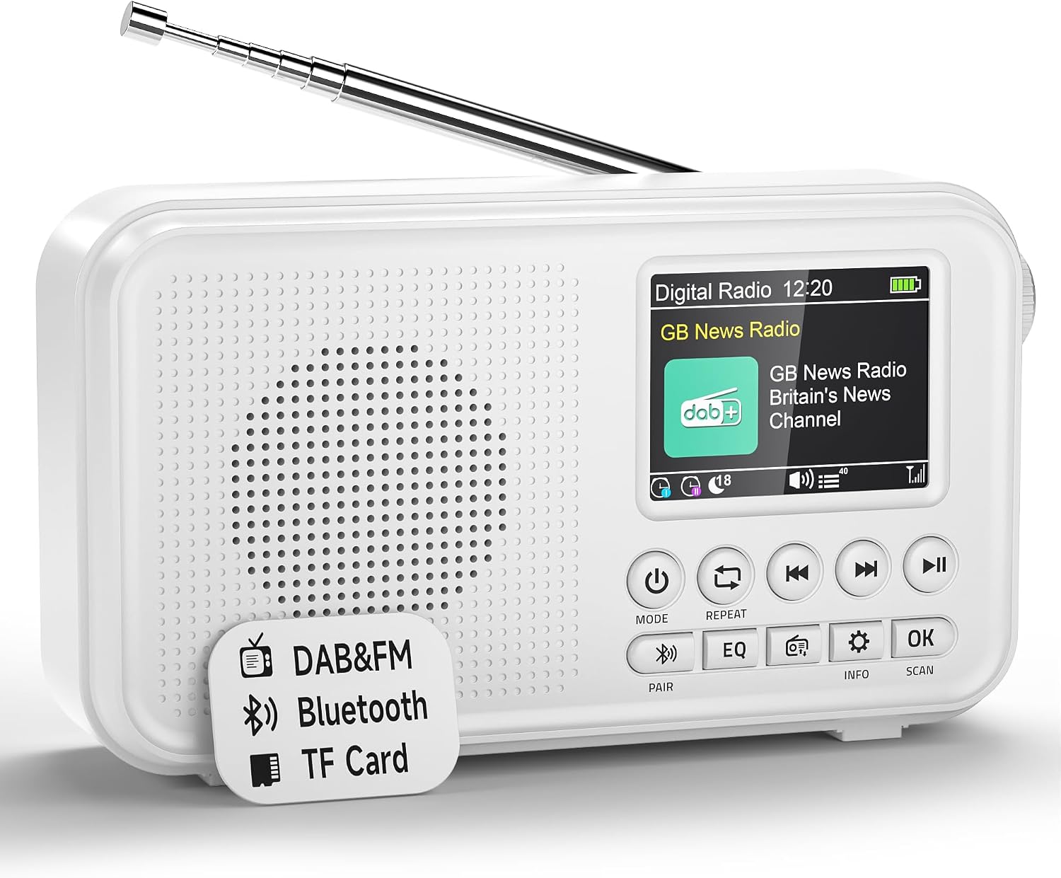 Roxicosly Portable DAB Radio, 3000mAh Rechargeable & Mains Powered Digital FM Radio with Bluetooth, 2.4" Color Display, 18H Playtime, 80 Presets, EQ, 3.5mm AUX & SD Card Slot, Dual Alarm, Sleep Timer
