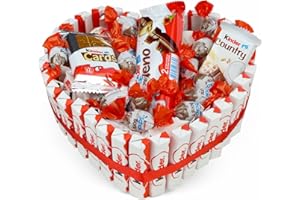 DELIM Tort z kinder czekoladek w kształcie serca wyłełniony cukierkami Kinder Bueno, Schoko Bons, Kinder Cards, Kinder Country i Raffaello, prezent na urodziny, Mikołaja, pod choinkę
