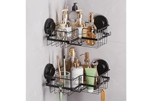 TAILI Corner-Adaptive Suction Cup Shower Caddy 2 Pack, Stainless Steel Rustproof Corner Shower Shelves, Drill-Free Wall Mounted Baskets, Large Capacity, Removable Suction Cup Bathroom Organizer, Black