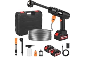 MYPIN Hidrolimpiadora de Alta Presion, Lavadora de presión inalámbrica, 2 Baterias, 600 PSI 21V, 6 en 1 Boquilla Multiusos y 180° Boquilla Giratoria, Hidrolimpiadora a Batería para Coche, Terraza, Jardín