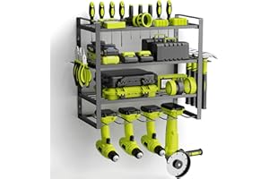 WELDUN Supporto per utensili elettrici a 4 livelli, per 4 trapani elettrici, sistema di organizzazione da parete con porta cacciavite laterale e ganci, per garage e officina