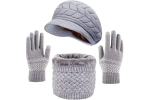 CheChury Cappello Sciarpa e Guanti Touch Screen Donna Invernali Berretto in Maglia con Sciarpa Beanie Con pompon Collo della Ciarpa 3 Pezzi per Donna Infinity Scaldacollo Morbido Tessuto