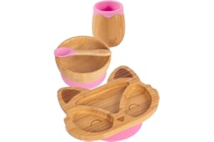 Tiny Dining Baby Feeding Set - Fox - Pink - 4pc - Divided Non-Slip Bamboo Self-Feeding Weaning Plate, Bowl, Drinking Cup & Spoon for Babies, Toddlers, Children
