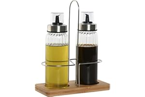 MGE WORLD MGE - Aceitera Antigoteo Cristal - Set de Aceitera y Vinagrera de Cristal con Soporte - Recipiente Antigoteo para Aliños - Dosificador de Aceite y Vinagre - Set 2-300 mL