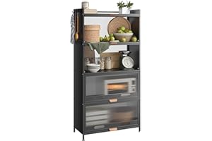 ‎NETEL NETEL Rostfreies 5-stufiges Küchenregale Stehend, Küchenschrank mit Rollen und Füße, Mikrowellenschrank, Bäckerregal, Standregal, Lagerregal für Küche Wohnzimmer mit Sichtbare Türen, Vintage, Schwarz