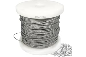 JAHOMFAI 1mm 304 Wire Rope Stainless Steel Wire Cable 100m Length 7x7 Cross Section 100kg Breaking Load stainless steel cable with 100 Pcs Aluminum Crimping Clamps Loop Sleeve (Diameter: 1mm Length: 100m)