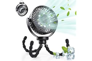 Hianjoo Ventilador para Cochecito con Luz LED, 5200 mAh Ventilador de Escritorio Silencioso para Acampar con Gancho, Rotación de 360° Recargable Portátil Admirador de Refrigeración Potente, Negro