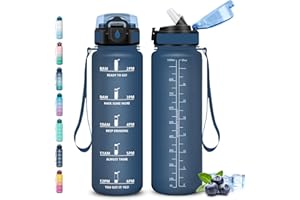 GRSTA Gourde- 1l- Gourde Sport Anti-Fuite, Gourdes Paille pour Musculation, Gourdes Graduée avec Marqueur de Temps, Gourd Motivation, Facile à Nettoyer, pour Camping, Randonnée, Yoga