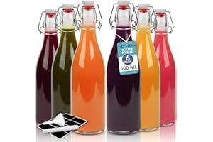 HEFTMAN Glass Bottles with Stoppers - 500ml 6 Pack Clear Swing Top Bottles for Beer Brewing with Airtight Stoppers for Wine, Condiments, Beverages, Oil, Vinegar, Kombucha & Water - 6 PCS (500ml)