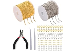 YEWCEP 2 Rollen Gliederkette Meterware, 10m Schmuck Basteln Set Mit 5m Silber Und 5m Gold Chain, Inklusive 60 Karabinerverschlüsse und 120 Ringe, Ketten Selber Machen Set Für Halsketten, Armbänder