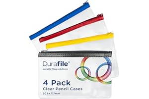 Durafile Clear Pencil case, Pack of 4, Small Exam Pencil Case Clear 203 x 117mm, Assorted Colours Metal Zipper Pencil Case, Waterproof, Versatile Storage, Stationery Make up Toiletries Travel & Office
