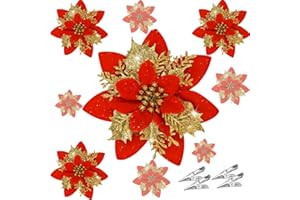 SHSMPXOY 20 Pièces Fleurs de Poinsettia Artificielles à Paillettes de Noël avec Clip Fleur Poinsettia Noel Sapin de Scintillantes pour Guirlande Couronne Décoration Nouvel an Ornements（Rouge）