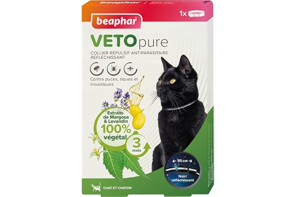 BEAPHAR – VETOPURE – Collier répulsif antiparasitaire réflechissant pour Chat et Chaton – Extraits de Margosa & Lavandin – Contre Puces, Tiques et Moustiques – Protection 3 Mois – Collier Noir de 35cm