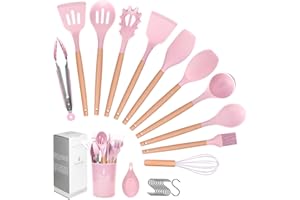 HOEWPHOFLY Howephofly Utensilios de Cocina de Silicona 23 Piezas, Set Utensilios de Cocina con Mango de Madera, Resistentes al Calor y Antiadherentes accesorios cocina(Cucharas, Espatula, Pinzas) (Rosa)