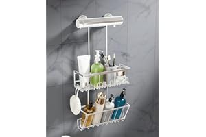 RUIHANDA Estante de ducha doble sin taladrar [espacio de almacenamiento adicional] - estante de ducha para colgar en el grifo, con varios ganchos, estante de ducha estable, [sin pegar], plata