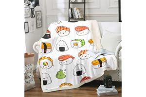 LOUSSIESD Wzór sushi koc polarowy w stylu japońskim na kanapę podróż sofa nastolatki motyw jedzenia szerpa koc uroczy kreskówka japońskie sushi pluszowy koc dekoracja pokoju klimatyzacja podwójna 152 cm x 200