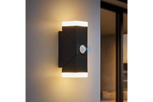 Bojim Up Down Outside Lights with Motion Sensor, PIR Outdoor Wall Lights IP65 Waterproof, Modern LED Wall Lamp with Swiveling LED Panel for Porch Terrace Garden Garage, 12W 3000K Warm White, Black