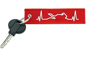 Autodomy Portachiavi Moto con Ricamo su Entrambi i Lati | Portachiavi Tessuto Anello per Auto, Scooter, Quad AVT e Zip dello Zaino | Porta Chiave Auto Battito del Cuore 12x 3cm | Colore Rosso/Bianco