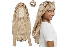 SENGTERM Long Bonnet Satin Cheveux Nuit - Couche Double Bonnet en Soie pour Femmes aille de tête Ajustable Bonnet de Nuit pour Cheveux bouclés