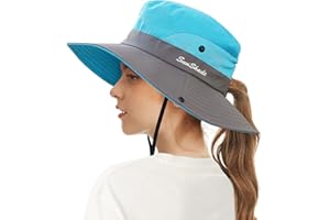 ECOMBOS Womens Sun Hats Wide Brim UV Protection Mesh Foldable Ponytail Bucket Fishing Hat Beach Cap for Fishing Hiking Gardening Outdoor