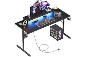 Bestier Gaming Desk 131.6 CM with Power Outlets & LED Light Computer Desk with Monitor Stand Gamer Workstation with Cup Holder & Headset Hooks for Home Office Bedroom