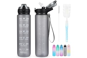 AOHAN Butelka na wodę ze słomką 1 l, sportowa, z oznaczeniem czasu, nietoksyczna, plastikowa, PCTG szczelna, motywacyjna, ze szczotką do czyszczenia, do aktywności na świeżym powietrzu