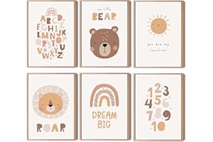 HappyArts® | Kinderzimmer Bilder A4 Poster 6er Set Deko Mädchen Junge Babyzimmer | Regenbogen Alphabet Zahlen ABC Lernposter Tiere Löwe Bär OHNE RAHMEN