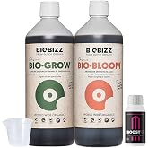 GROWMANIA Bio Bloom and Bio Grow Biobizz Fertilizer 1L + Boost Up Nutrients Sample + Measuring Cup | Liquid Fertilizer for Pl