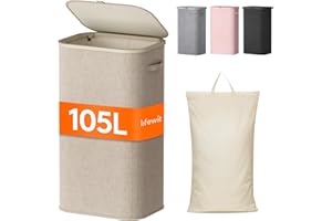Lifewit Panier a Linge Sale 105L, Bac a Linge avec Couvercle, Corbeille a Linge avec Plastique Poignées et Sac a Linge, Grand Panier Linge Pliable pour Buanderie, Chambre, Salle de Bain, Beige