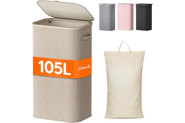Lifewit Panier Linge Sale, Bac Linge avec Couvercle, Corbeille Linge avec Plastique Poignées et Sac Linge, Laundry Basket pour Buanderie, Chambre, Salle de Bain, 105 L, Beige