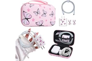 DIYGODY Coque de Rangement en Matériau Durable Anti-Choc ✚ Série de Mignon Protecteur USB Câble, Boîtier de Protection Rigide Tech Organizer pour Earbuds, Câble USB et Banque d’alimentation - Papillon Rose
