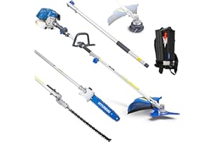 Hyundai 52cc Long Reach 5-in-1 Petrol Garden Multi Tool with 430mm Grass Trimmer, 425mm Hedge Trimmer, 10" Pole Chainsaw, Brushcutter with 800mm extension shaft